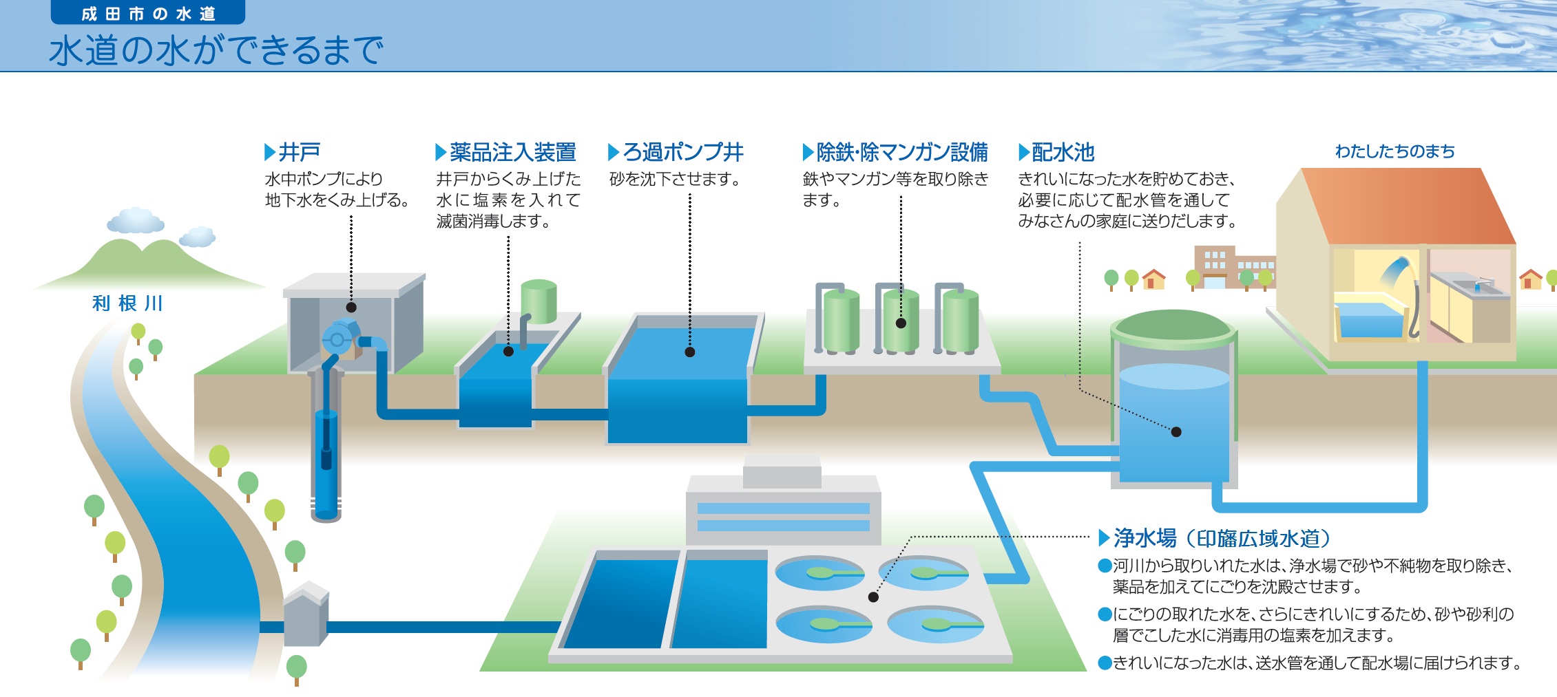 成田市の水道の水ができるまでの流れ図