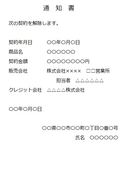 『信販業者』あてクーリング・オフの通知の書き方の画像。左上が裏面、右下が表面です。