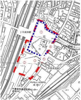 市街地再開発事業地域・駅前広場の範囲を示した再開発前の成田駅前の地図画像