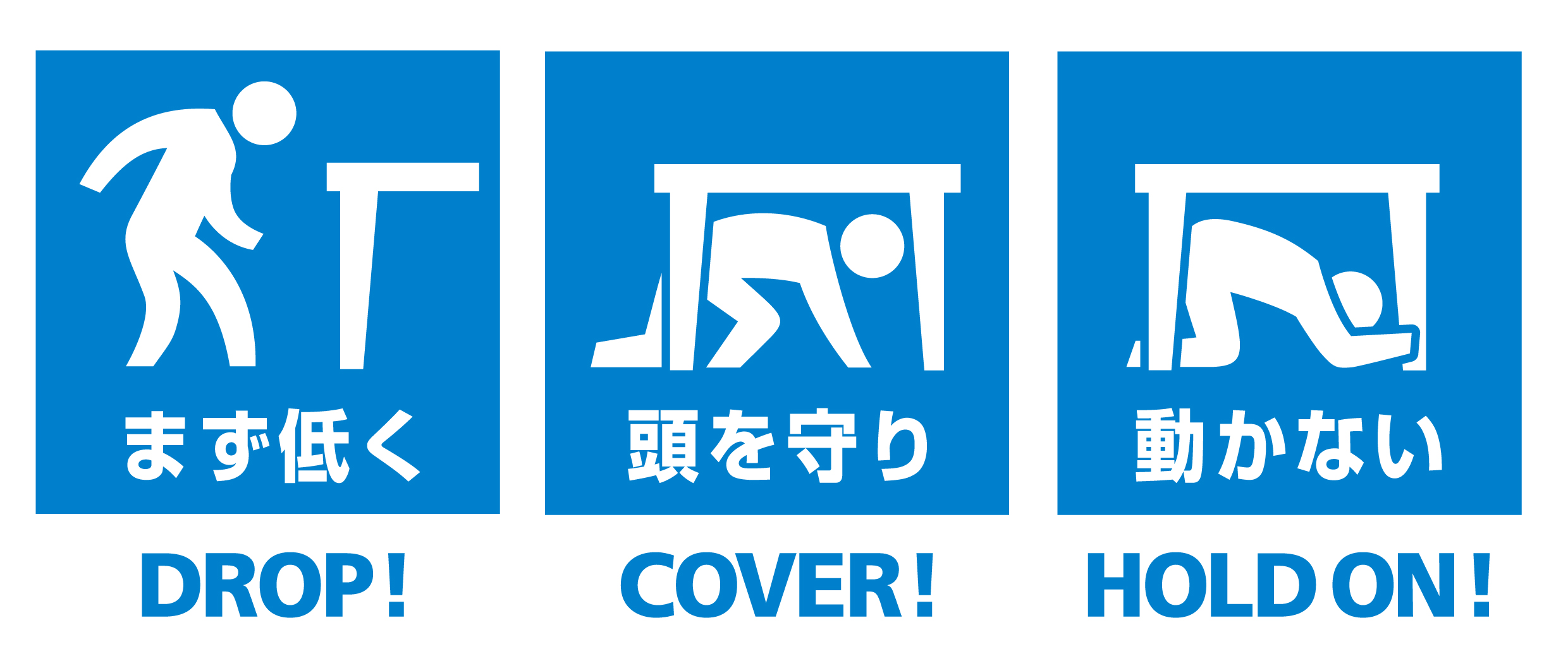 3つの安全行動、ドロップ（まず低く）、カバー（頭を守り）、ホールド・オン（動かない）