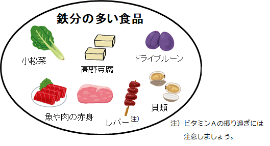 鉄分の多い食品は、肉や魚の赤身、レバーや貝類、高野豆腐、小松菜、ドライプルーンなど。
