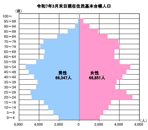 令和5年3月末日現在住民基本台帳人口のピラミッドグラフの図。男性全体が65,997人、女性全体が65,236人で、男女ともに45歳から49歳までの人口が最も多く、次いで男女ともに50歳から54歳までの人口が多い。