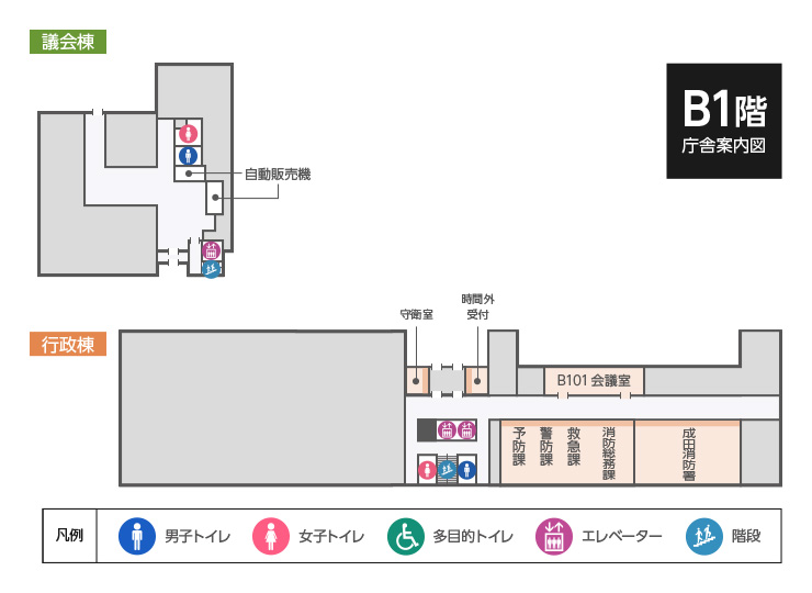 市役所庁舎地下1階のフロアマップ。行政棟中央には守衛室、時間外受付があり、東側には警防課、予防課、救急課、消防総務課、成田消防署、B101会議室があります。議会棟には自動販売機があります。