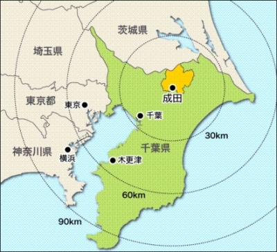 成田市の位置を示した関東エリアの地図の画像。千葉県の北部に印を付けて、成田市の位置を示している。