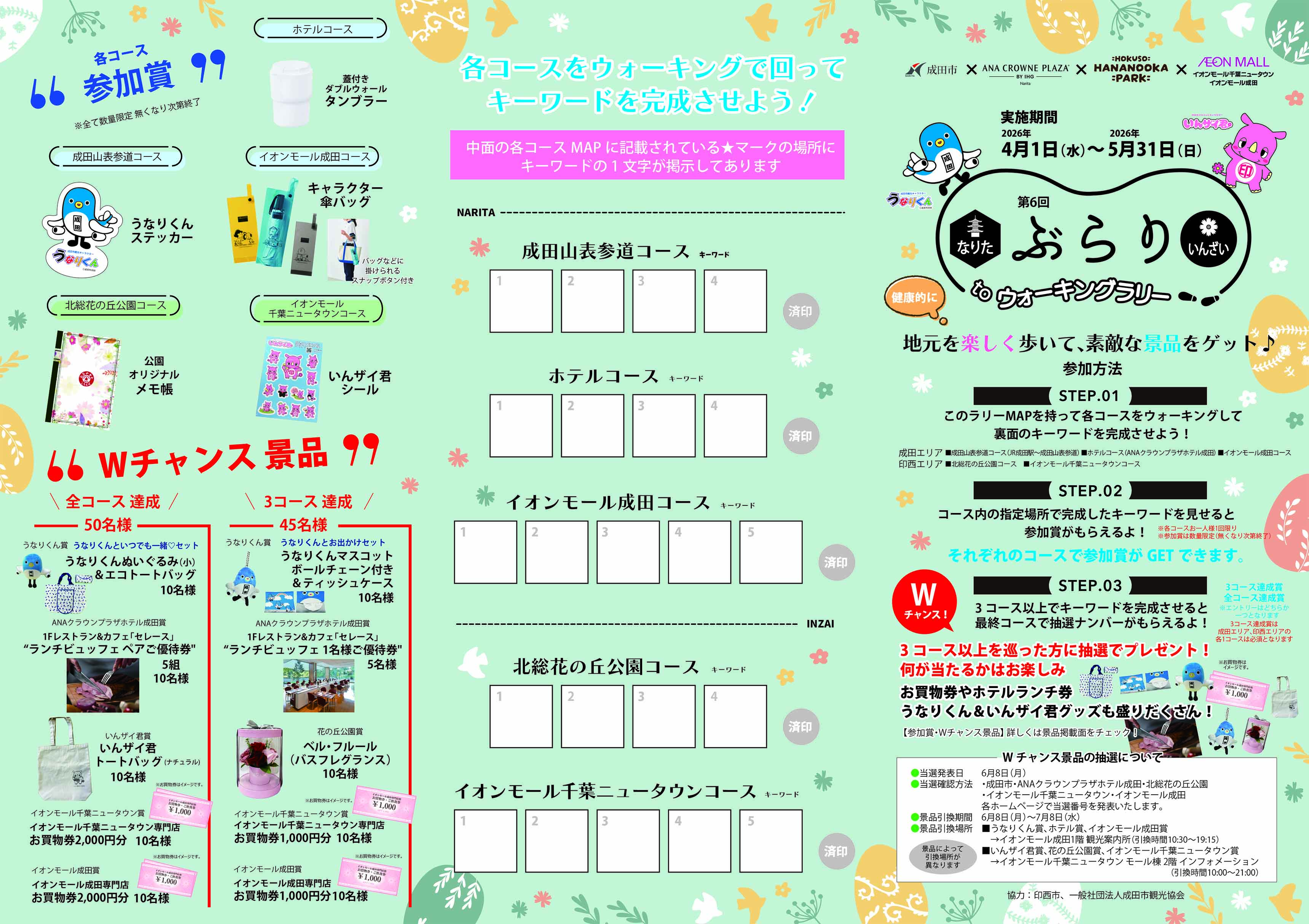 「第6回なりた＆いんざい　ぶらりtoウォーキングラリー」の参加者に配布するラリーカードの表面の画像。キーワードの記載枠、参加賞の景品など記載されている。