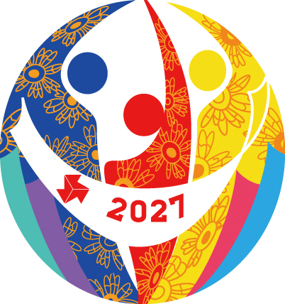 令和9年度全国高等学校総合体育大会のシンボルマーク。円形の中で、赤・青・黄色で描かれた人型の模様が手を上方へ伸ばし寄せ合うデザインで、中央には「全国高等学校体育連盟のマーク」と「2027」が記載されている。