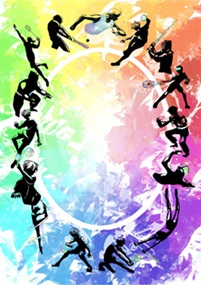 令和9年度全国高等学校総合体育大会の総合ポスター図案。虹色の背景の前で、各種目の選手が円形に並んで描かれている画像。