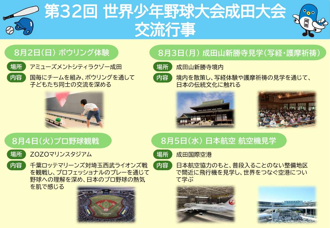 第32回世界少年野球大会成田大会の開催期間中に行う交流行事をまとめたもの
