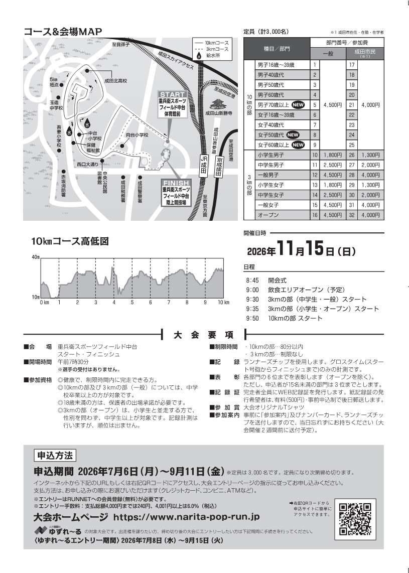 2026成田POPラン大会チラシ（裏面）の画像。コース図、高低図、参加費などが記載されている。